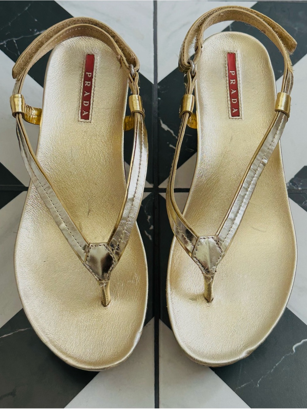 Prada Metallic Leather Gold Cork Wedge Thong Sandals Size 36.5